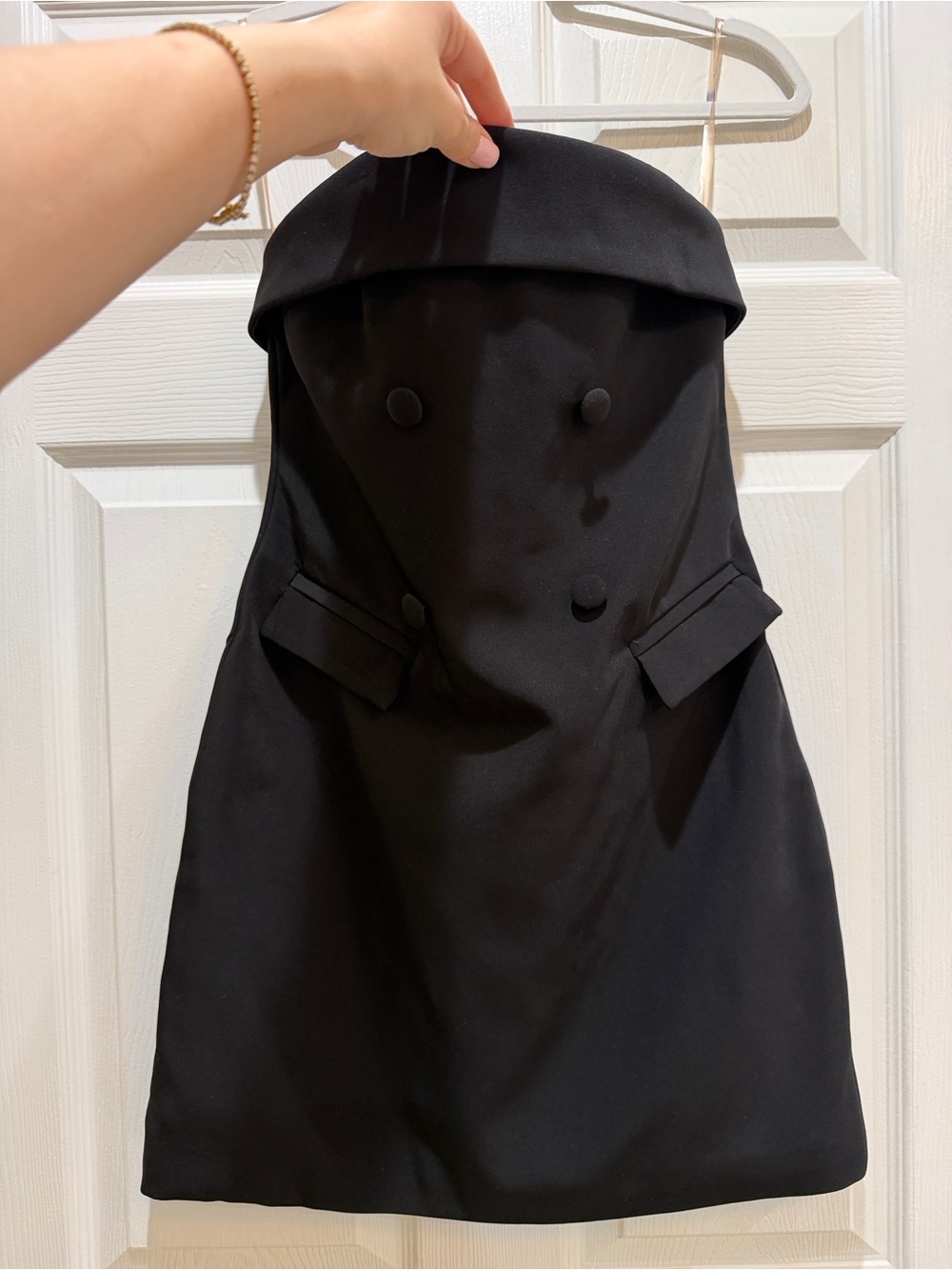 Meshki Black Strapless Double-Breasted Mini Dress with Flap Pockets